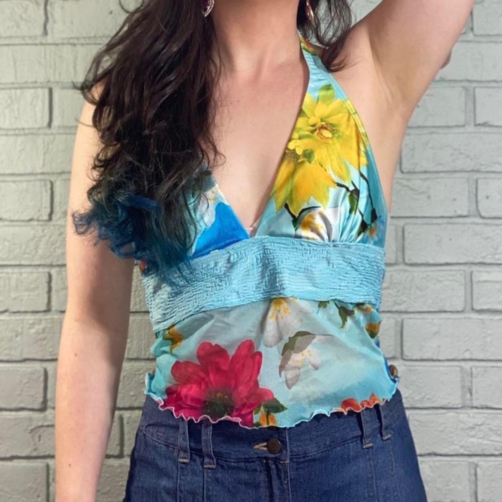 Vintage Pam Dulce Halter Swim Top Blue Size 12 (Large) 80s/90s
